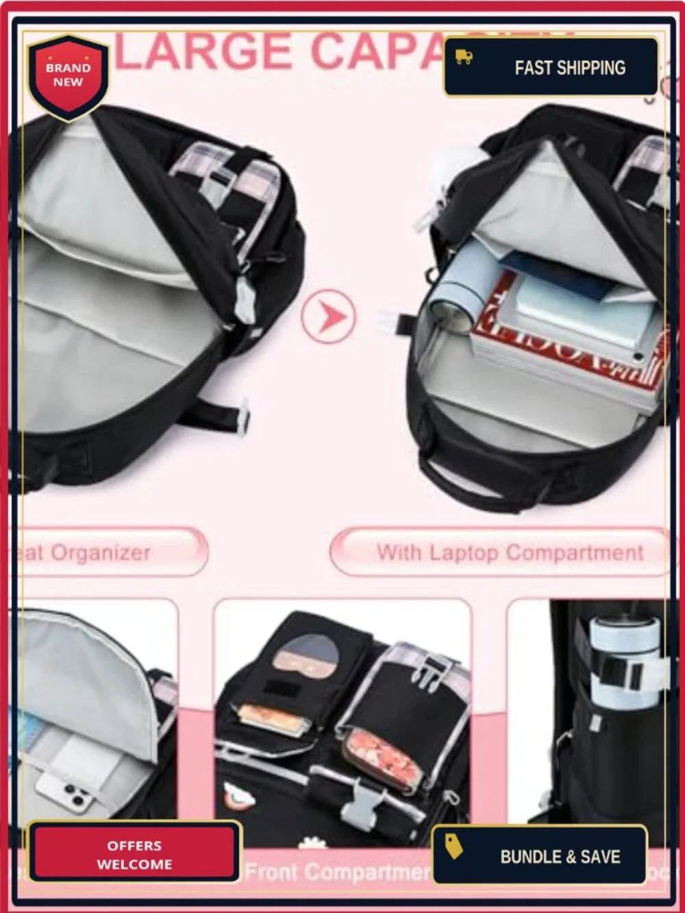 Kids Backpack with Lunch Bag & Pencil Case, 15 Inch Laptop Sleeve, Water